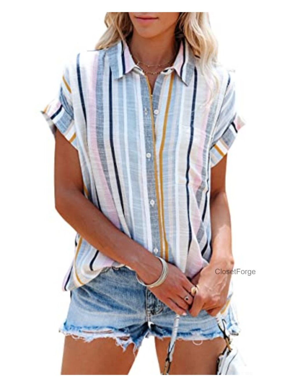 Women's Striped Short Sleeve Button Down Shirt Loose Fit Office Top Blouse